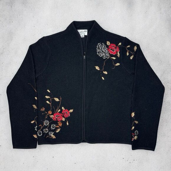 Vintage Pendleton Wool Jacket S Black Floral Embroidered Zip Merino Hong Kong - Picture 1 of 9